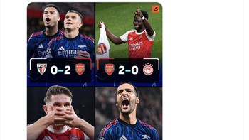 Arsenal menjadi tim Inggris pertama di abad 21 yang menang 4 laga pertama Liga Champions tanpa kebobolan. Foto: X.com