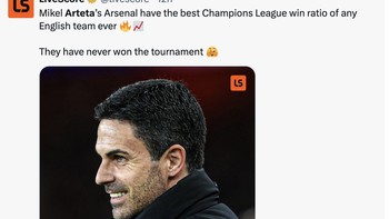 Rasio kemenangan Arteta di Liga Champions adalah 63%, tertinggi di antara tim Inggris. Foto: X.com