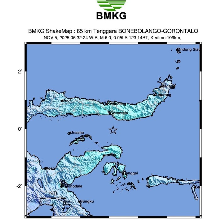 Ilustrasi peta gempa magnitudo (M) 6,2 dengan parameter update M 6 di Kabupaten Bone Bolango, Gorontalo pagi ini.