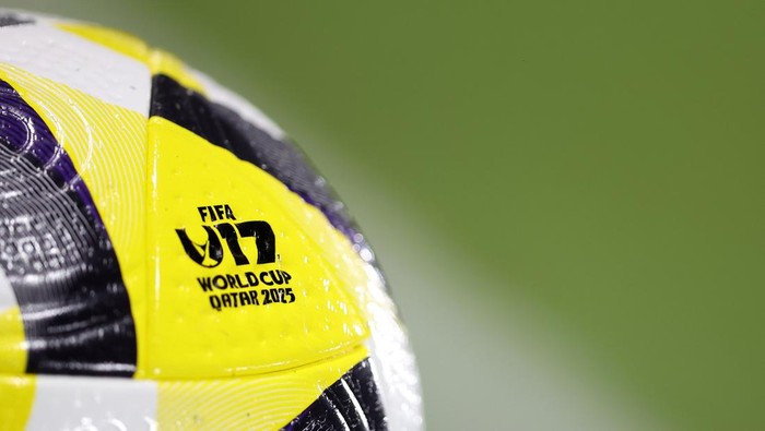 DOHA, QATAR - NOVEMBER 03: The FIFA Under-17 World Cup logo is seen on an adidas match ball during the FIFA Under-17 World Cup match between New Caledonia and Portugal at Aspire Academy on November 03, 2025 in Doha, Qatar. (Photo by Mohamed Farag - FIFA/FIFA via Getty Images)