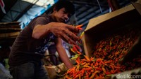 Pedagang menata cabai merah di Pasar Kramat Jati, Jakarta, Kamis (6/11/2025). Badan Pusat Statistik (BPS) mencatat inflasi yoy hingga Oktober 2025 sebesar 2,86% yang dipicu harga emas hingga cabai.