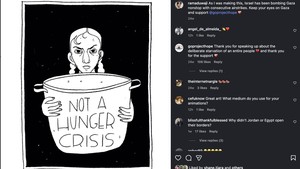 Dalam ilustrasinya, Rama Duwaji juga menegaskan permasalahan di Gaza bukan krisis kelaparan namun genosida. Foto: Rama Duwaji/ Instagram