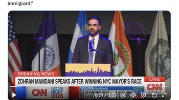 Kota New York tetap sebuah kota imigran, dibangun oleh imigran, diberdayai imigran dan sejak malam ini, dipimpin oleh seorang imigran, demikian pidato Mamdani. Foto: X.com
