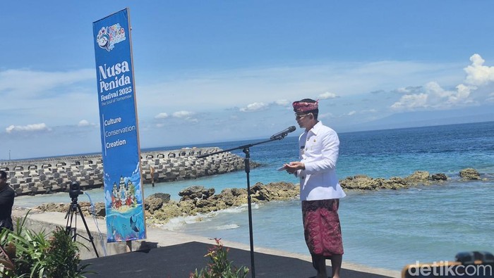 Bupati Klungkung, I Made Satria saat menyampaikan sambutan dalam Nusa Penida Festival 2025, Jumat (7/11/2025). (Ni Komang Ayu Leona Wirawan)