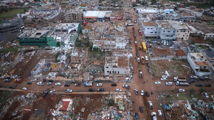 Aerial view of destroyed houses after a tornado hit Rio Bonito do Iguacu, Parana state, Brazil, November 8, 2025. Parana State Government/Handout via REUTERS ATTENTION EDITORS - THIS IMAGE WAS PROVIDED BY A THIRD PARTY.