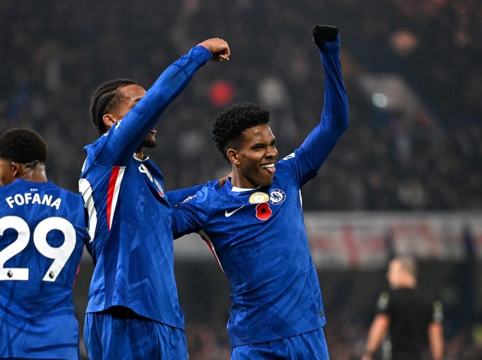 LONDON, ENGLAND - NOVEMBER 08: Joao Pedro of Chelsea celebrates with teammate Estevao after scoring his team's second goal during the Premier League match between Chelsea and Wolverhampton Wanderers at Stamford Bridge on November 08, 2025 in London, England. (Photo by Darren Walsh/Chelsea FC via Getty Images)