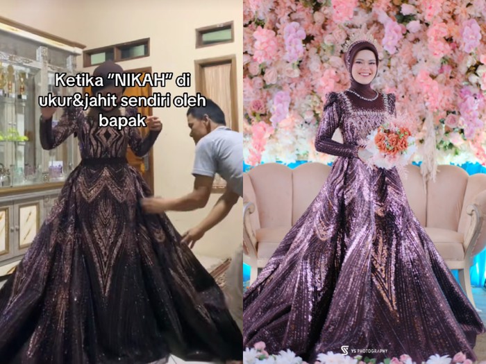 Wanita di Garut, Jawa Barat, ini memperlihatkan gaun pernikahan buatan ayah tercinta. Postingan tersebut langsung viral di media sosial.