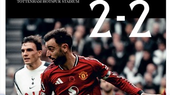 Hasil akhir 2-2 antara MU dengan Spurs di mana terjadi drama 2 gol saling balas di penghujung pertandingan. Foto: X.com