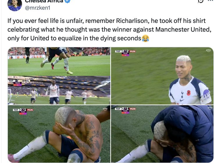 MU Imbang Dramatis Lawan Spurs, Richarlison Jadi Lelucon