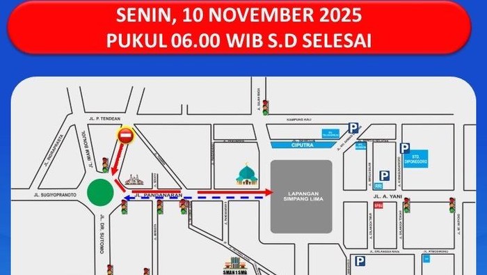 Rekayasa lalu lintas saat Korab Merah Putih dari Balai Kota Semarang hingga Simpang Lima Semarang, Senin (10/11/2025).