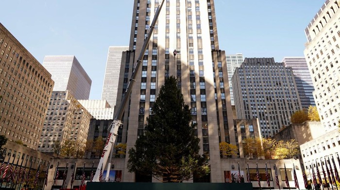 The 2025 Rockefeller Center Christmas Tree, a 75 feet-tall Norway Spruce is installed on Center Plaza at Rockefeller Center in New York City, U.S., November 8, 2025. REUTERS/Ryan Murphy