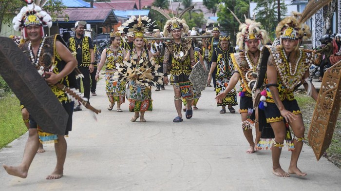 Calon pengantin pria Desmon Alluy Ishak (keempat kanan) menggandeng calon pengantin wanita Saristia (keempat kiri) saat mengikuti prosesi Alaq Leto di Desa Budaya Pampang, Tanah Merah, Samarinda, Kalimantan Timur, Jumat (7/11/2025). Alaq Leto merupakan prosesi pernikahan Adat Dayak Kenyah yang dilakukan sehari sebelum upacara pemberkatan pernikahan untuk terus melestarikan adat istiadat dan agama suku dayak yang diwariskan nenek moyang mereka serta menjadi keanekaragaman budaya di Kalimantan Timur. ANTARA FOTO/M Risyal Hidayat/YU