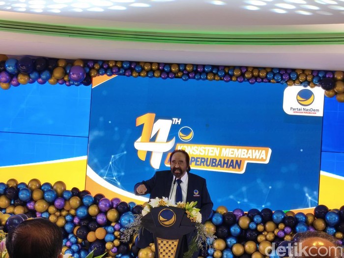 Ketum Partai NasDem Surya Paloh dalam perayaan puncak HUT ke-14 Partai NasDem. (Fadil/detikcom)