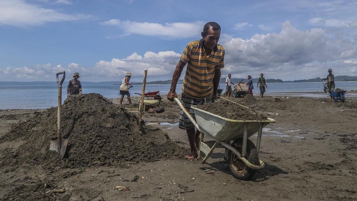 Pasir Laut Jadi Sumber Penghidupan Warga Pulau Bacan Warga mengumpulkan pasir yang diambil di pinggir pantai Mandaong, Pulau Bacan, Kabupaten Halmahera Selatan, Maluku Utara, Selasa (11/11/2025). Masyarakat setempat memanfaatkanair laut surut dan aliran sungai yang mengalir dari hulu untuk menambang pasir yang kemudian dijual Rp350 ribu per kubik sebagai bahan bangunan di wilayah itu. ANTARA FOTO/Andri Saputra/agr