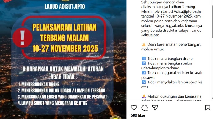 Pengumuman latihan malam Lanud Adisutjipto.