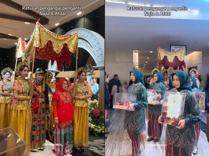 Suasana pernikahan dengan pengantar pengantin sekitar 100 orang dan seserahan emas bernilai fantastis di Makassar, Sulawesi Selaatan. Unggahan tersebut langsung viral di media sosial.