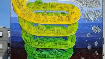 SPIRALE, mural luas di Roma, Italia, karya seniman Blu, menggambarkan dunia kita yang penuh warna, sejarah sejati, yang dikonsumsi oleh keserakahan dan pemborosan. Dipenuhi dengan simbolisme yang provokatif, mural ini merupakan kritik terhadap masyarakat konsumerisme dan degradasi lingkungan yang menyertainya. Foto: via StreetArtUtopia