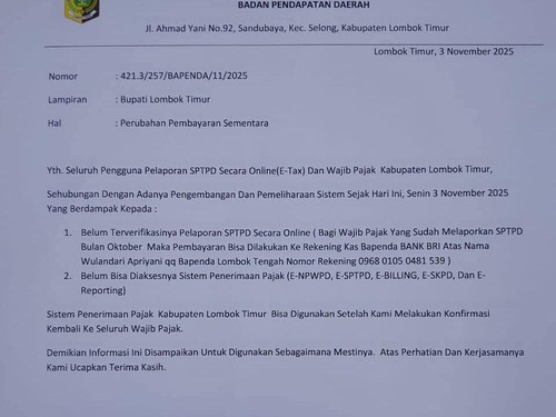 Surat palsu yang beredar yang mengatasnamakan Bapenda Lombok Timur