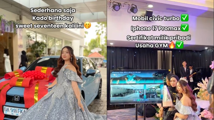 Jasa penyenggara acara ini membagikan momen ulang tahun kliennya yang menerima kado dari orang tua berupa Mobil Civic Turbo, iPhone 17 Promax, dan sertifikat usaha gym pribadi. Unggahan ulang tahun di Banjarmasin, Kalimantan Selatan ini langsung viral di media sosial.