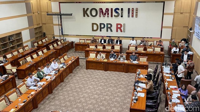 Panitia Kerja RUU KUHAP menggelar rapat bersama Wamenkum Edward Omar Sharif Hiariej (Eddy Hiariej). (Anggi/detikcom)