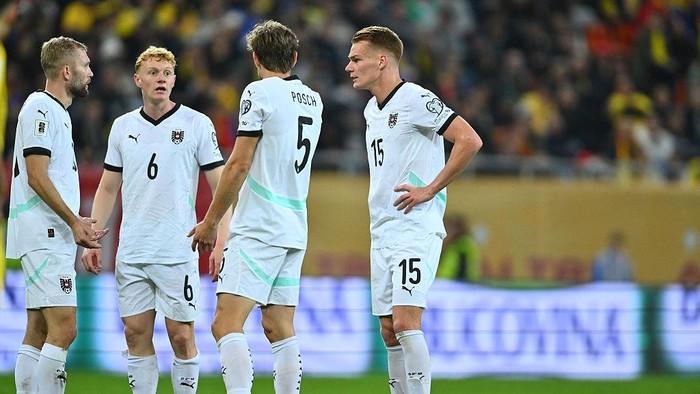 Stefan Posch, Philipp Lienhart, and Nicolas Seiwald of Austria play during the FIFA World Cup 2026 qualifier match between Romania and Austria at National Arena in Bucharest, Romania, on October 12, 2025. (Photo by Alex Nicodim/NurPhoto via Getty Images)
