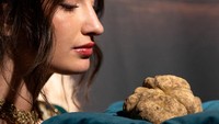 Para tamu menghadiri lelang truffle di aula bersejarah Kastil Grinzane Cavour. Acara ini merupakan tradisi tahunan di wilayah Alba, pusat produksi truffle terbaik Italia. REUTERS/Alessandro Garofalo