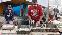 Warga Palestina menjual ikan hasil tangkapan di pelabuhan Kota Gaza saat gencatan senjata antara Israel dan Hamas, Rabu (12/11/2025). Pasar ikan kembali ramai setelah aktivitas sempat terhenti akibat konflik. REUTERS/Mahmoud Issa