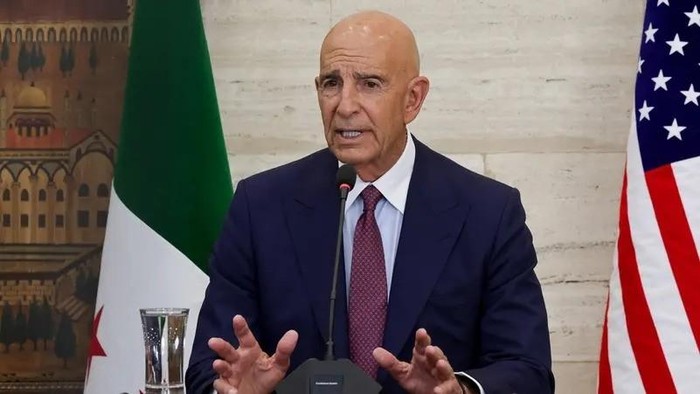 U.S. special envoy for Syria Tom Barrack speaks during a press conference with Syrian Foreign Minister Asaad Hassan al-Shibani and Jordanian Foreign Minister Ayman Safadi, in Damascus, Syria September 16, 2025. (Reuters)