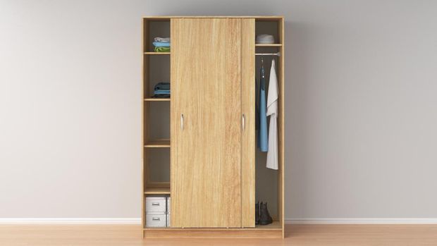 Wooden wardrobe with sliding doors in interior. 3d render