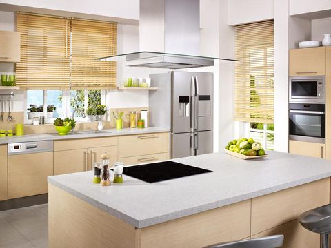 Wide angle shot of a Domestic kitchen with modern appliances