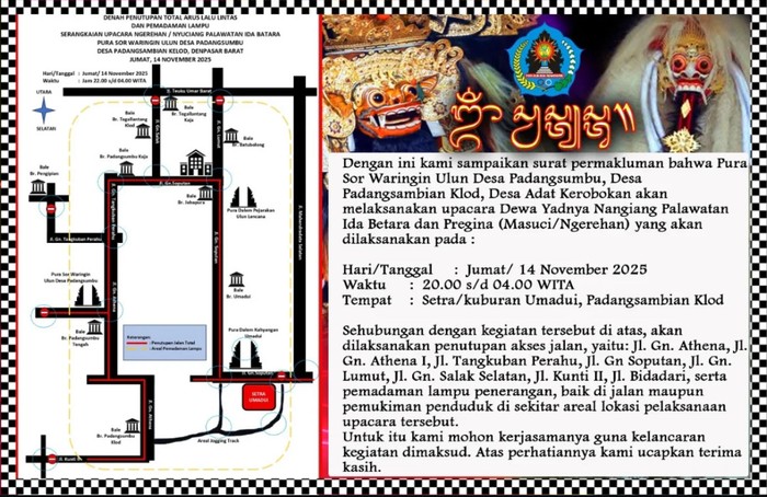 Tangkapan layar denah penutupan jalan di Desa Padangsambian Klod, Denpasar Barat, Jumat (14/11/2025). (Istimewa)