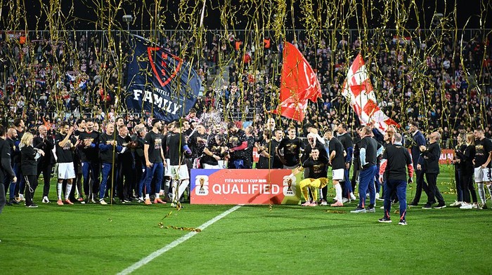ZAGREB, CROATIA - NOVEMBER 14: Croatia players celebrate qualifying for the 2026 FIFA World Cup after their victory during the FIFA World Cup 2026 qualifier match between Croatia and Faroe Islands at Stadion HNK Rijeka on November 14, 2025 in Zagreb, Croatia. (Photo by Jure Makovec/Getty Images)
