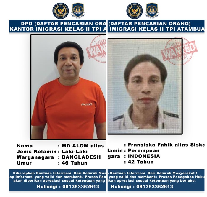 WN Bangladesh bernama MD Alom alias MDA (46) bersama istrinya, Fransiska Fahik (42), kabur dari ruang detensi Imigrasi Kelas II TPI Atambua, Kabupaten Belu, Nusa Tenggara Timur (NTT), pada Senin (10/11/2025). (Dok. Imigrasi Kelas II TPI Atambua)