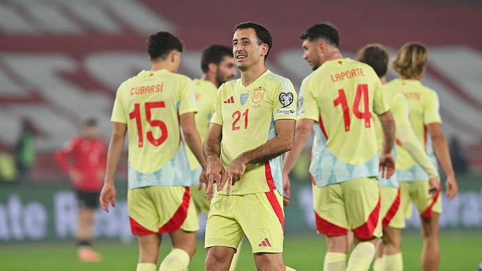TBILISI, GEORGIA - NOVEMBER 15: Mikel Oyarzabal of Spain gestures as he celebrates his goal during the FIFA World Cup 2026 qualifier match between Georgia and Spain at Dinamo Arena on November 15, 2025 in Tbilisi, Georgia. (Photo by Levan Verdzeuli/Getty Images)