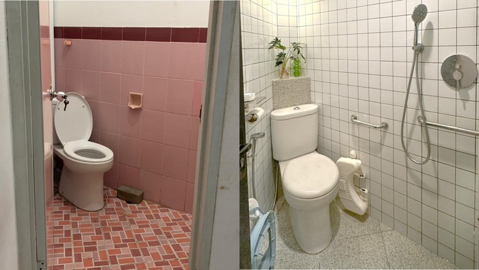 Before-after penampakan kamar mandi tidak simetris di D Pocket House