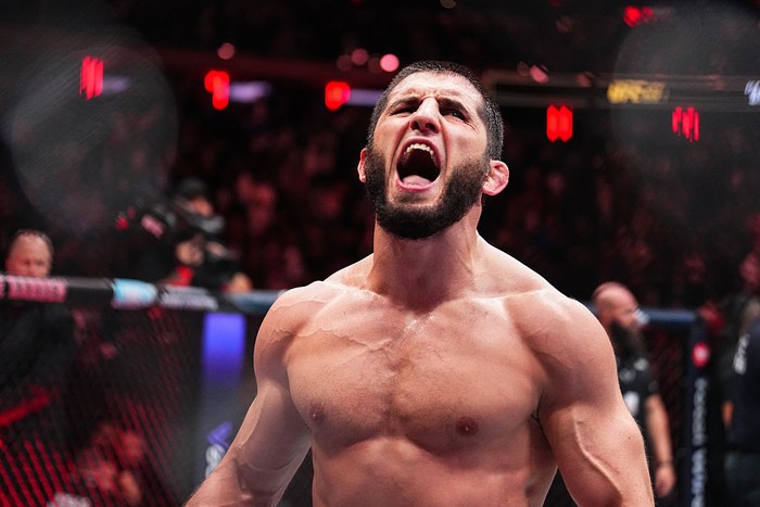 NEW YORK, NEW YORK - NOVEMBER 15: Islam Makhachev of Russia reacts to his win over Jack Della Maddalena of Australia in the UFC welterweight championship fight during the UFC 322 event at Madison Square Garden on November 15, 2025 in New York City. (Photo by Chris Unger/Zuffa LLC)