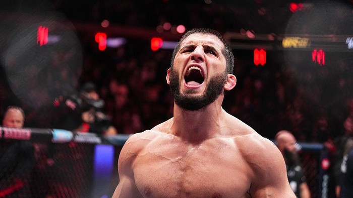 NEW YORK, NEW YORK - NOVEMBER 15: Islam Makhachev of Russia reacts to his win over Jack Della Maddalena of Australia in the UFC welterweight championship fight during the UFC 322 event at Madison Square Garden on November 15, 2025 in New York City. (