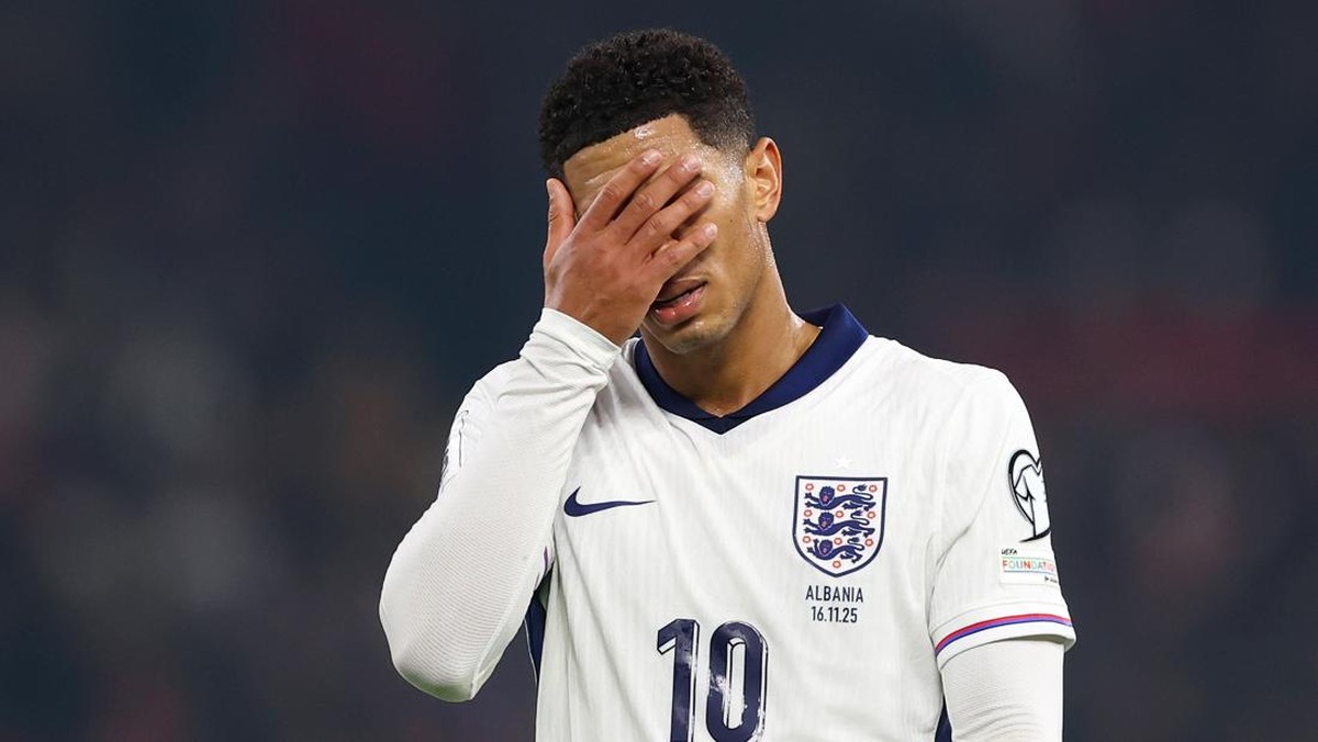 Jude Bellingham di laga Albania vs Inggris. (Foto: Getty Images/Alex Pantling)