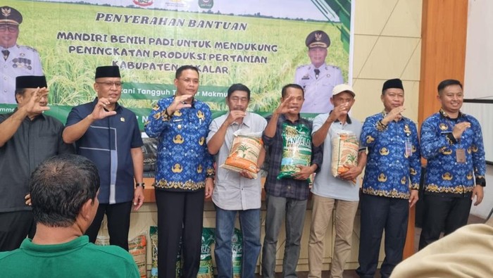 Penyaluran secara simbolis bibit padi program Mandiri Benih di Aula Dinas Tanaman Pangan, Hortikultura, Perkebunan, dan Ketahanan Pangan Takalar, Senin (17/11/2025).