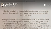 Vidi Aldiano memutuskan hiatus untuk fokus dengan kesehatannya. Diketahui beberapa waktu lalu, Vidi Aldiano menjalani rangkaian perawatan di Malaysia. Vidi Aldiano diketahui mengidap kanker ginjal.  Foto: dok instagram Vidi Aldiano