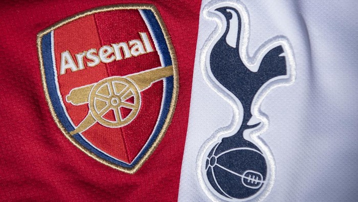 MANCHESTER, ENGLAND - MAY 14: The Arsenal and Tottenham Hotspur club crests on their first team home shirts on May 14, 2020 in Manchester, England. (Photo by Visionhaus)