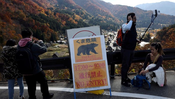 Visitors take souvenir photos next to a bear warning sign at Shirakawa-go, a popular tourist spot and one of Japan's UNESCO World Heritage sites, in Shirakawa village, Gifu Prefecture, Japan, November 15, 2025. REUTERS/Issei Kato