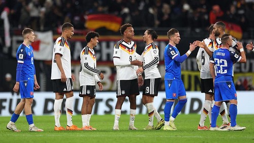 LEIPZIG, GERMANY - NOVEMBER 17: Assan Ouedraogo and Leroy Sane of Germany celebrate after the teams victory in the FIFA World Cup 2026 qualifier match between Germany and Slovakia at Red Bull Arena on November 17, 2025 in Leipzig, Germany. (Photo by Maja Hitij/Getty Images)
