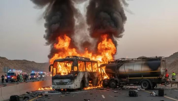 Bus jemaah umrah India terlibat kecelakaan dengan truk tangki diesel di dekat Madinah, Senin, 17 November 2025.