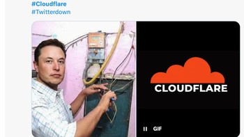 Warganet membagikan meme Elon Musk seolah sedang memperbaiki kabel listrik untuk menggambarkan kekacauan yang terjadi saat Cloudflare mengalami gangguan. Foto: X.com