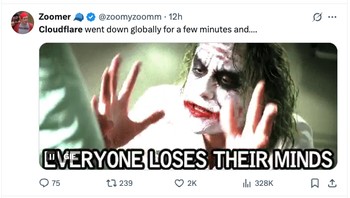 Cuplikan karakter Joker dari film The Dark Knight digunakan sebagai meme untuk menggambarkan kepanikan warganet saat Cloudflare down hanya dalam hitungan menit. Foto: X.com