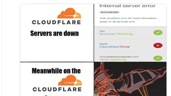 Meme perbandingan antara tampilan luar—Cloudflare error—dan kondisi server yang digambarkan seperti monster api, mengekspresikan kekacauan yang dirasakan warganet. Foto: X.com