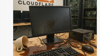 Meme hari pertama bekerja di Cloudflare yang menunjukkan meja komputer berantakan dengan kopi tumpah, dipakai untuk menggambarkan kondisi “kacau-balau” saat layanan tumbang. Foto: X.com