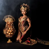 Sanly Liu pun mengungkapkan betapa personalnya makna kostum ini baginya. “Bagi saya, karya ini merefleksikan kedekatan saya dengan warisan Bali — aroma dupa dari persembahan pagi hingga tangan-tangan lembut yang menjadi jembatan antara manusia dan yang ilahi,” tulisnya. Foto: Instagram/@nawangphoto