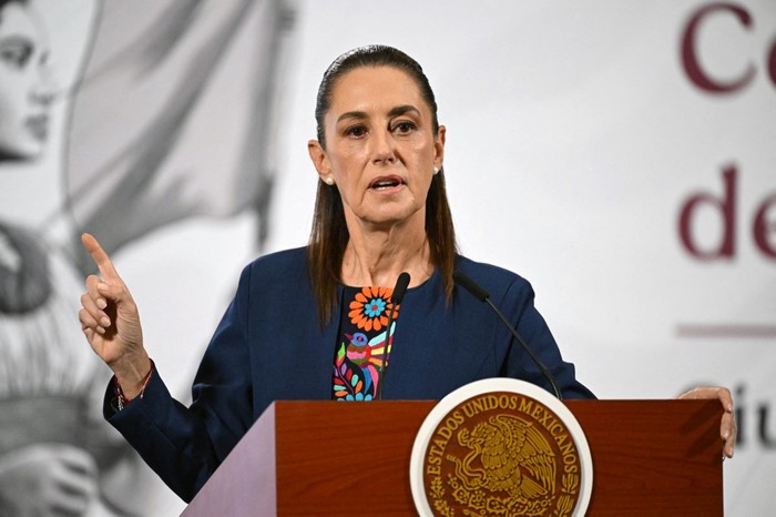 Mexicos President Claudia Sheinbaum speaks during her daily press conference at Palacio Nacional in Mexico City on November 17, 2025. Mexican President Claudia Sheinbaum said on Monday that behind Saturdays march against her government, in which more than 100 people were injured, were opposition politicians, violent groups and a campaign from abroad. (Photo by Yuri CORTEZ / AFP)